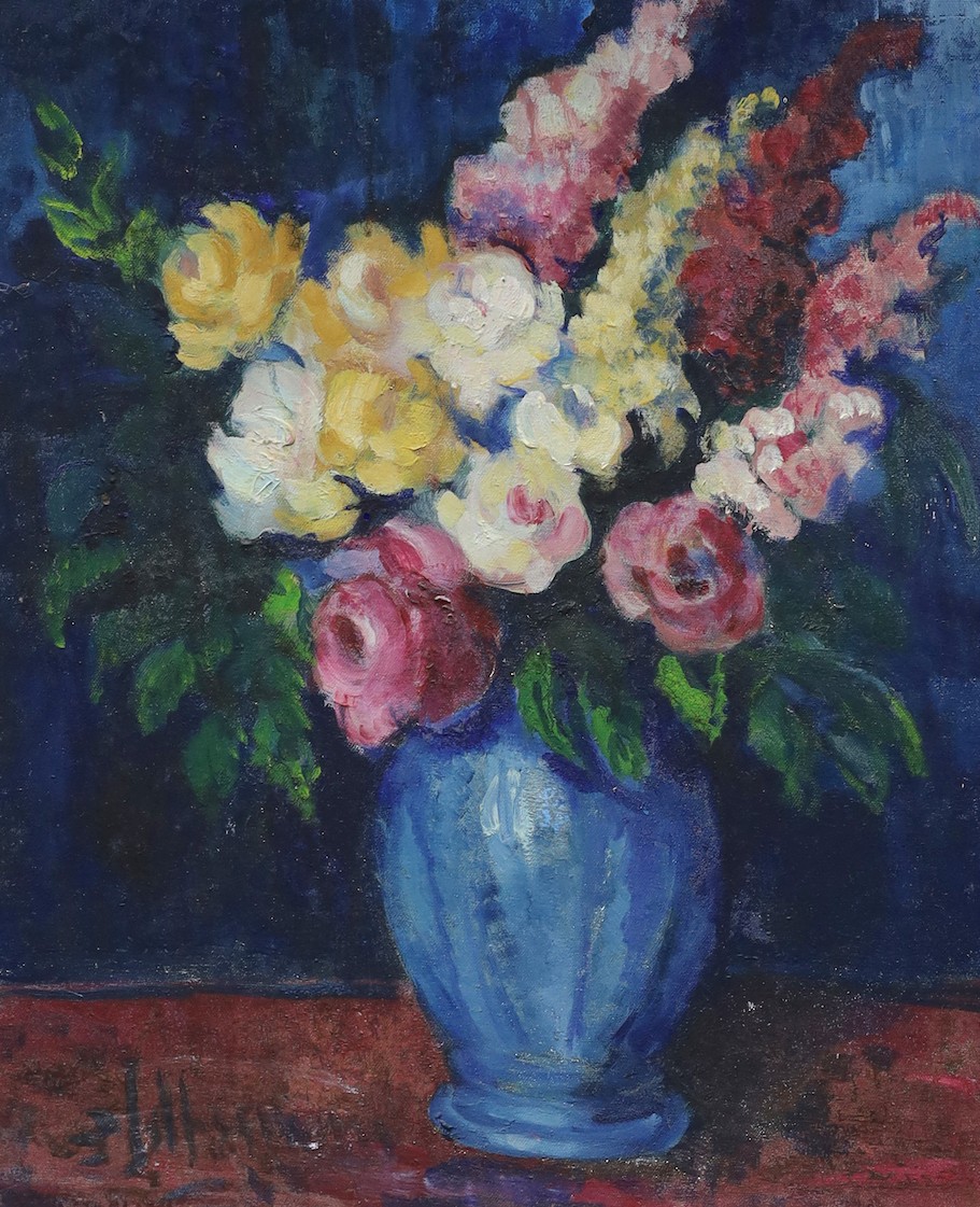 Modern British, oil on board, Still life of flowers in a vase, Harrods label verso, 60 x 50cm